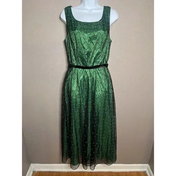 Coldwater Creek Emerald Green Diamond Party Dress Black Tulle Overlay Size 10 - Picture 1 of 8